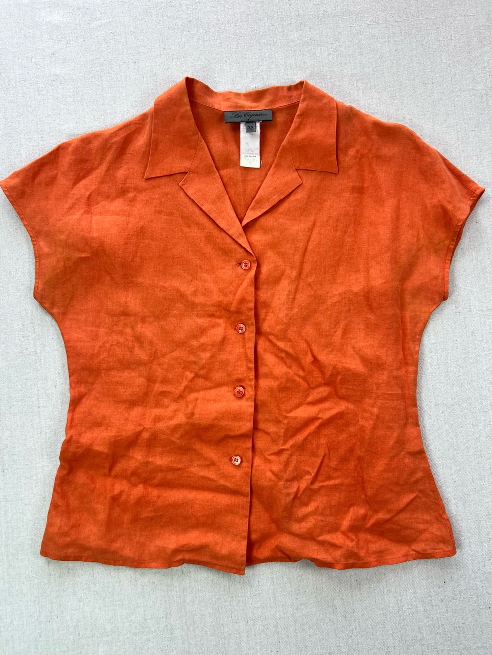 Woman’s Italian Pure Linen Orange Short-Sleeve Button Front Top - M